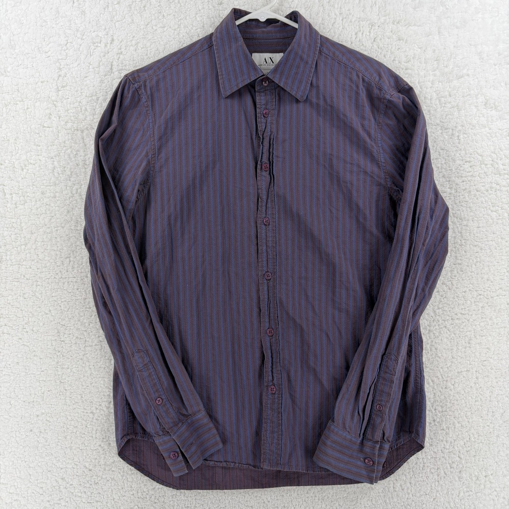 Armani Exchange Shirt Mens Medium Blue Brown Stripe Long Sleeve Button Up Casual